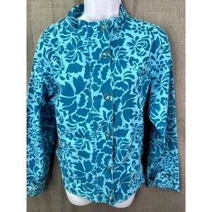 Coldwater Creek Jacket Aqua Blue Denim Snap Zip Floral Pockets Size Medium